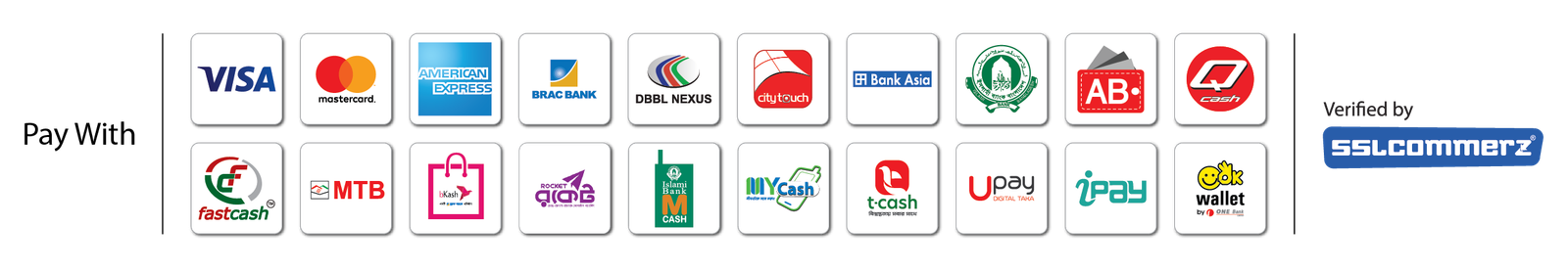 Pay with Visa, Mastercard, bKash, Nagad and more &mdash; verified by SSLCommerz